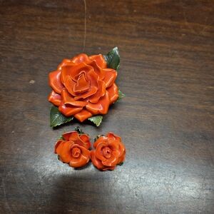 Vintage Celluloid Orange Rose Brooch and Clip On Earring Set